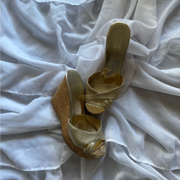 Jimmy Choo Shoes - Jimmy Choo Gold Patent Leather Prima Cork Wedge Platform Sandals